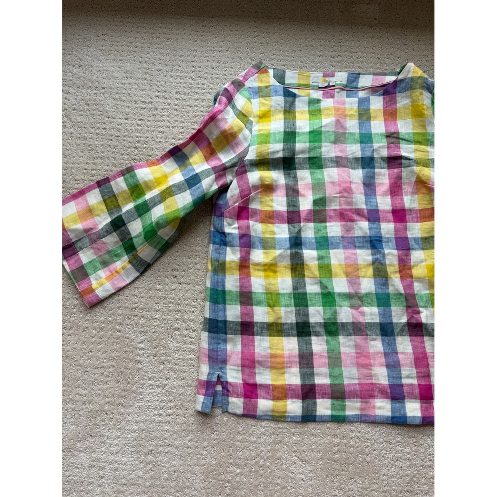 Boden Linen Blouse 6 Multi Rainbow Gingham Bell Sleeve Botanical Preppy Retro